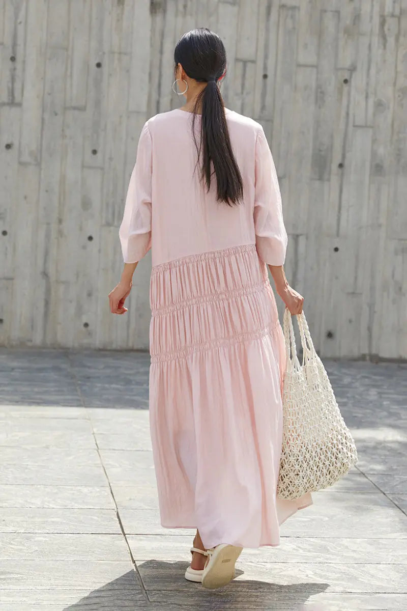 Cotton Tiered Long Sleeve Maxi Dress