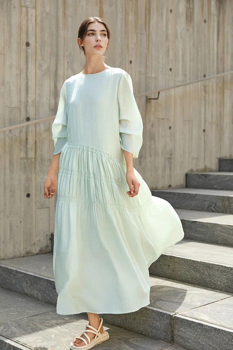 Cotton Tiered Long Sleeve Maxi Dress