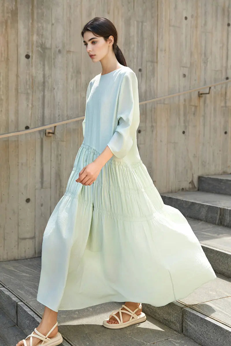 Cotton Tiered Long Sleeve Maxi Dress