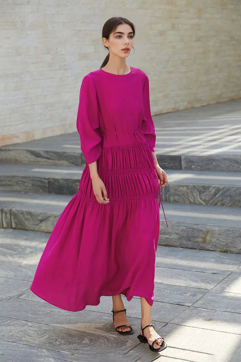 Cotton Tiered Long Sleeve Maxi Dress