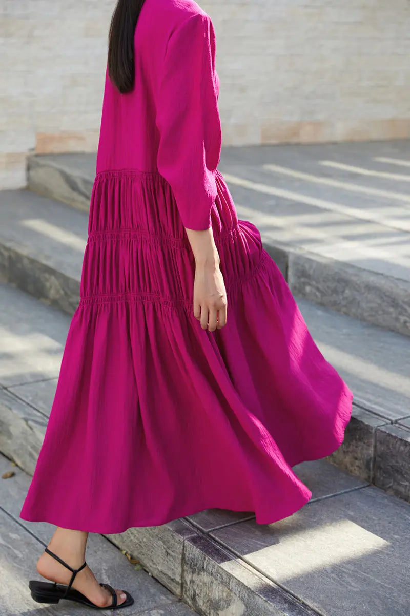 Cotton Tiered Long Sleeve Maxi Dress