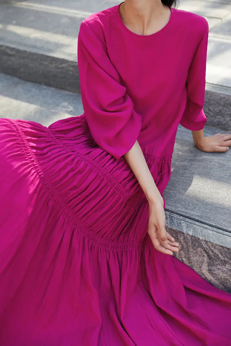 Cotton Tiered Long Sleeve Maxi Dress