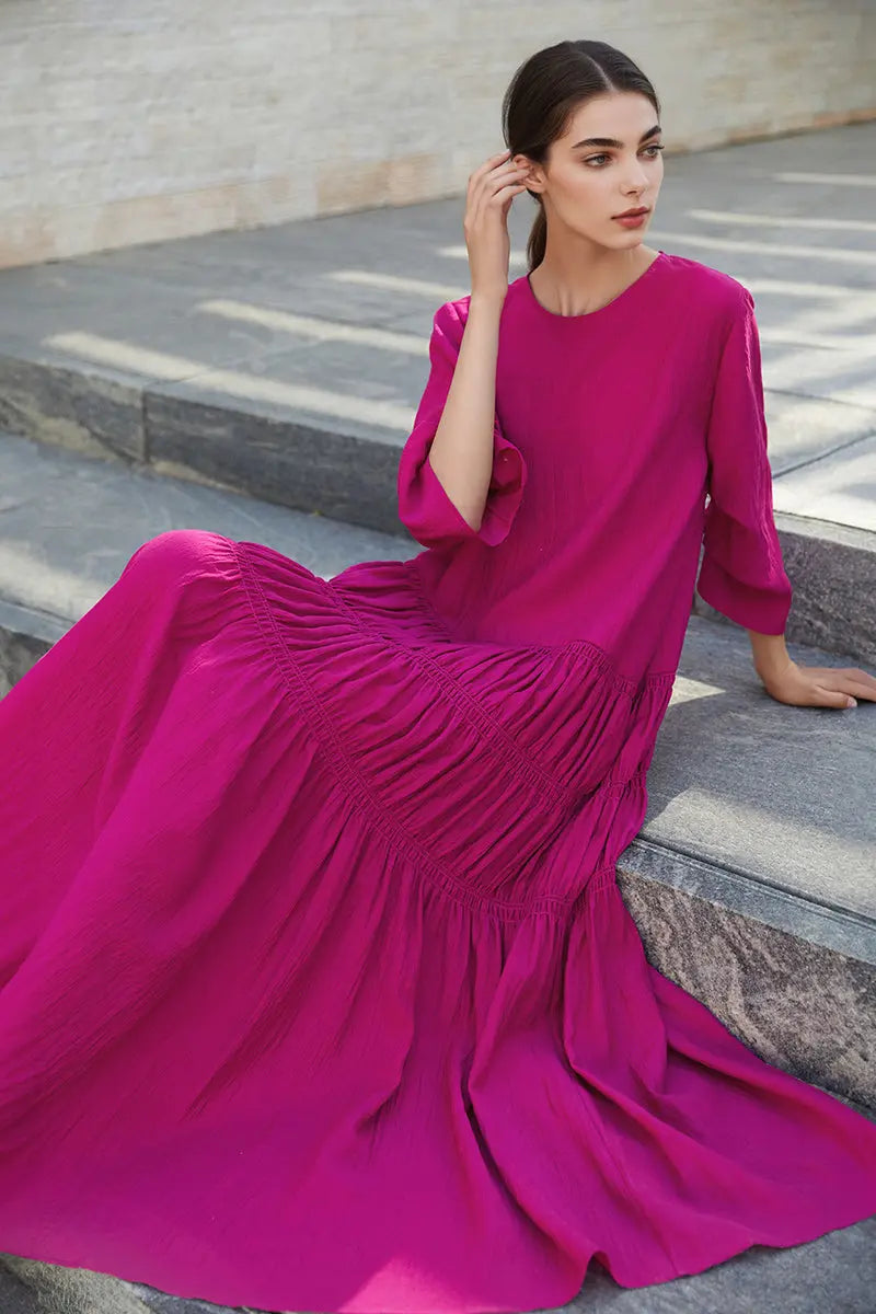 Cotton Tiered Long Sleeve Maxi Dress