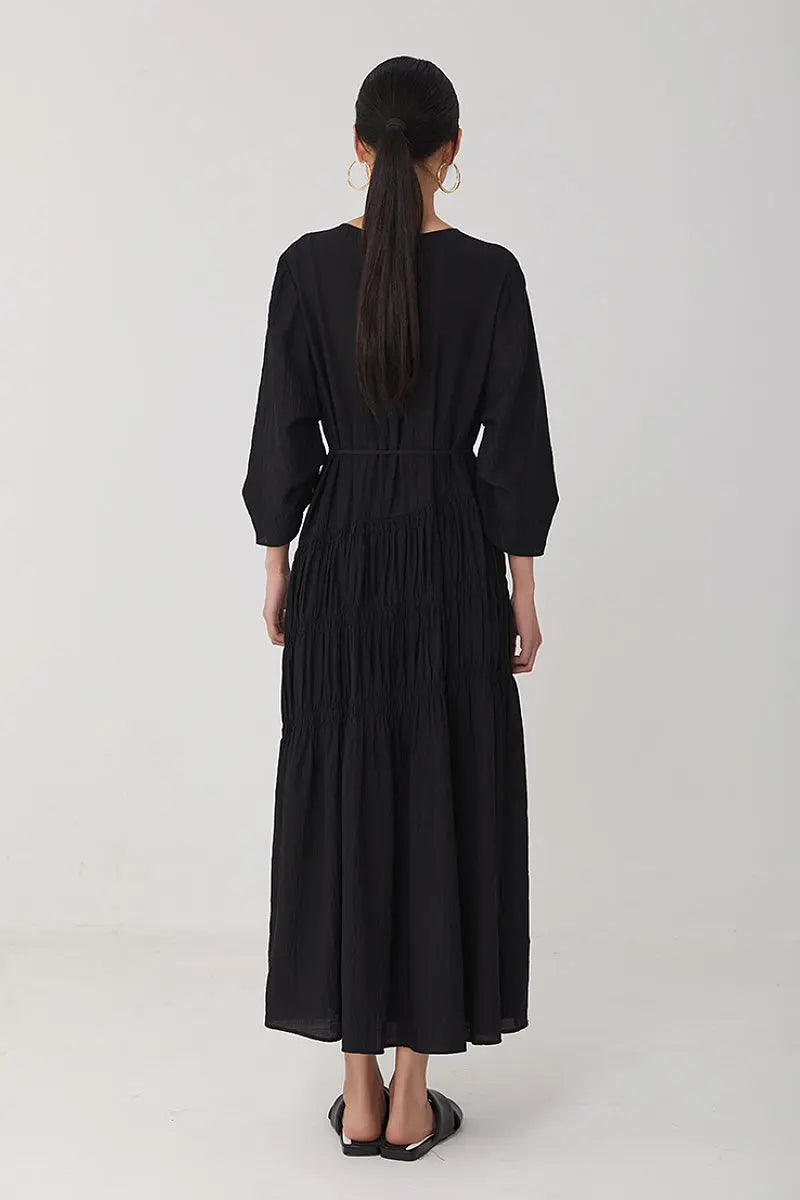 Cotton Tiered Long Sleeve Maxi Dress