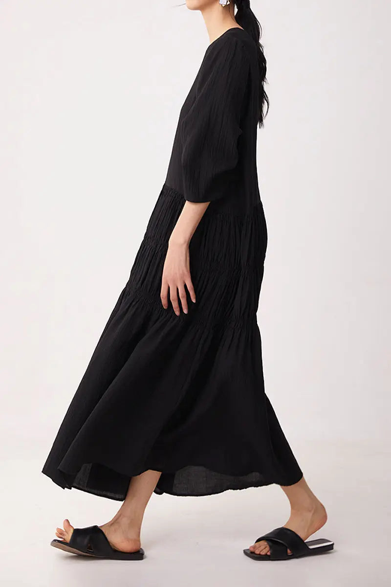 Cotton Tiered Long Sleeve Maxi Dress