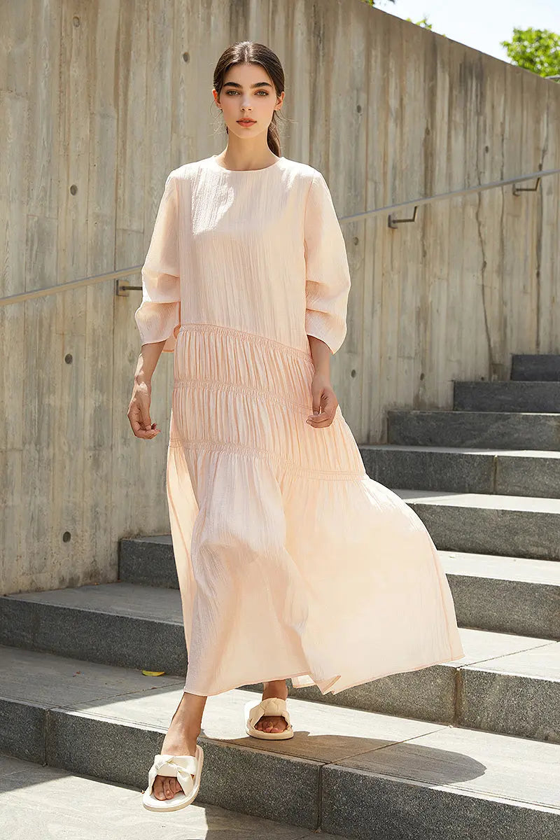 Cotton Tiered Long Sleeve Maxi Dress