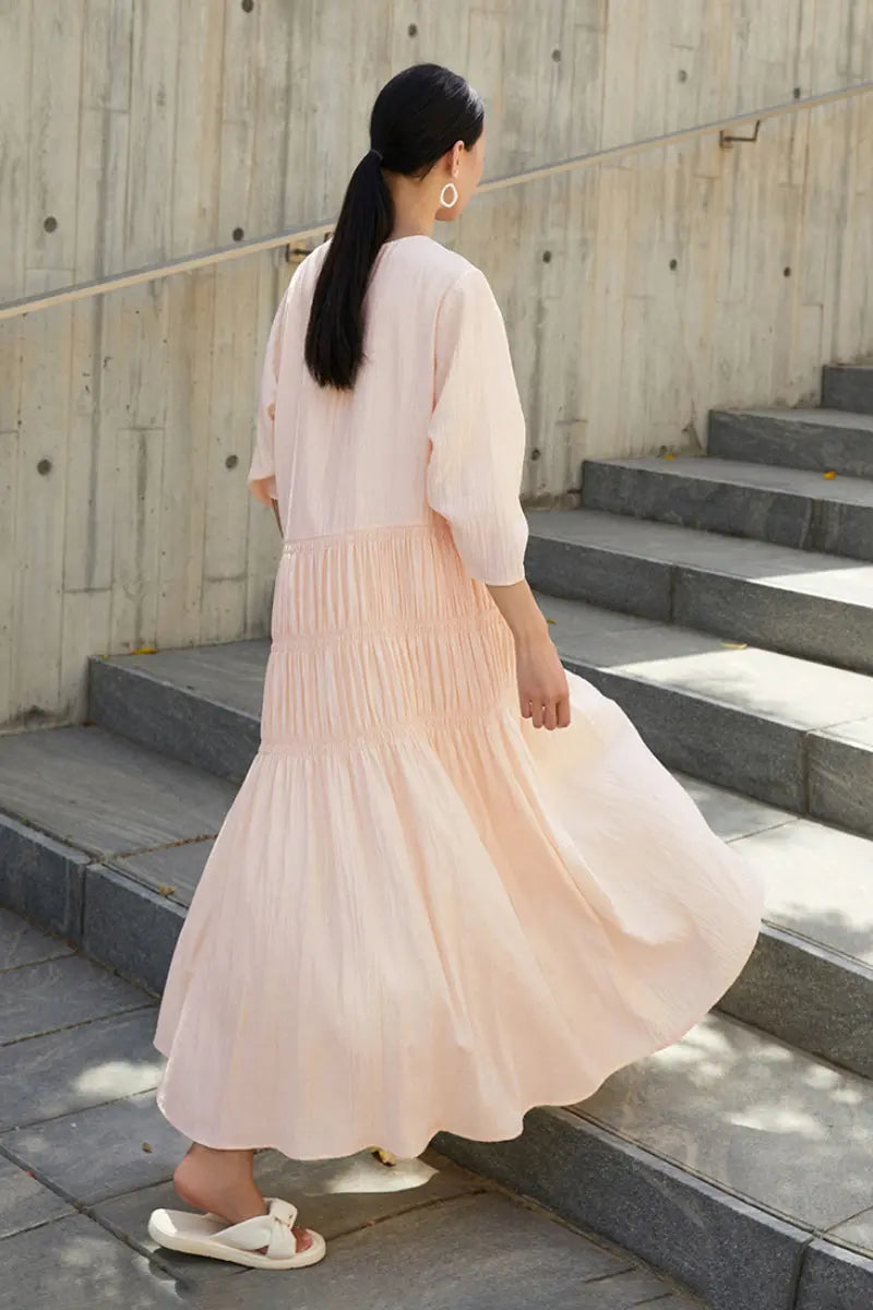 Cotton Tiered Long Sleeve Maxi Dress