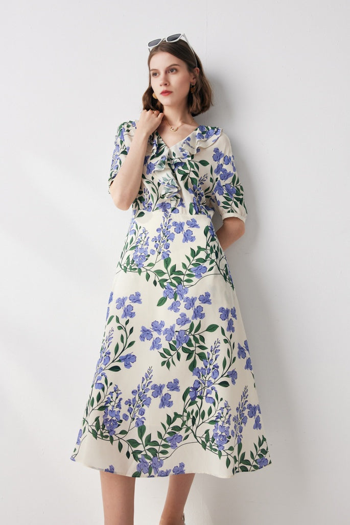 French Chic Silk Floral Maxi Dress