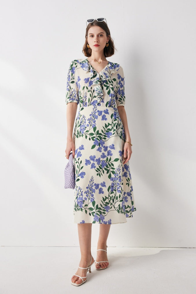 French Chic Silk Floral Maxi Dress