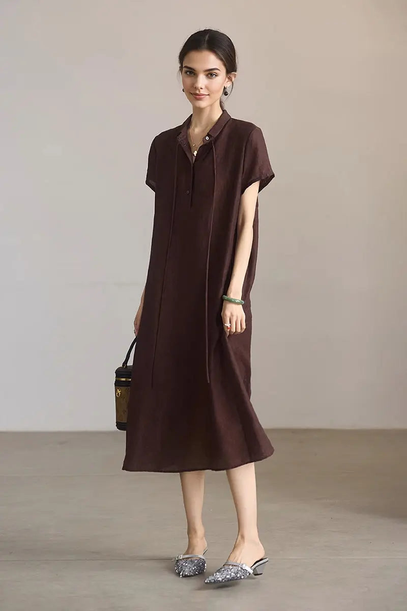Linen-Blend Jacquard A-Line Shirt Dress in Brown