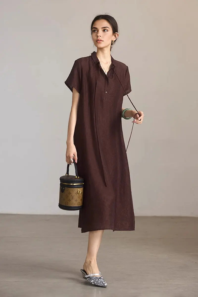 Linen-Blend Jacquard A-Line Shirt Dress in Brown