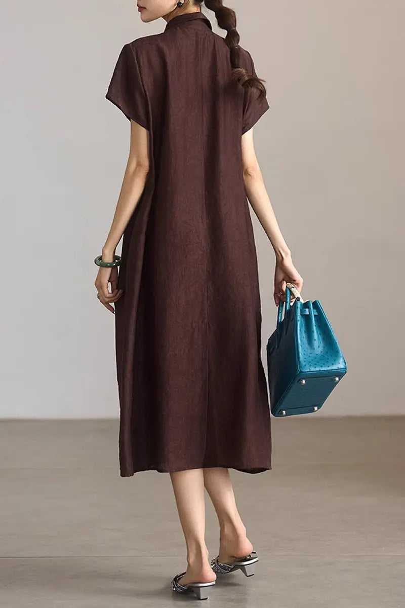 Linen-Blend Jacquard A-Line Shirt Dress in Brown