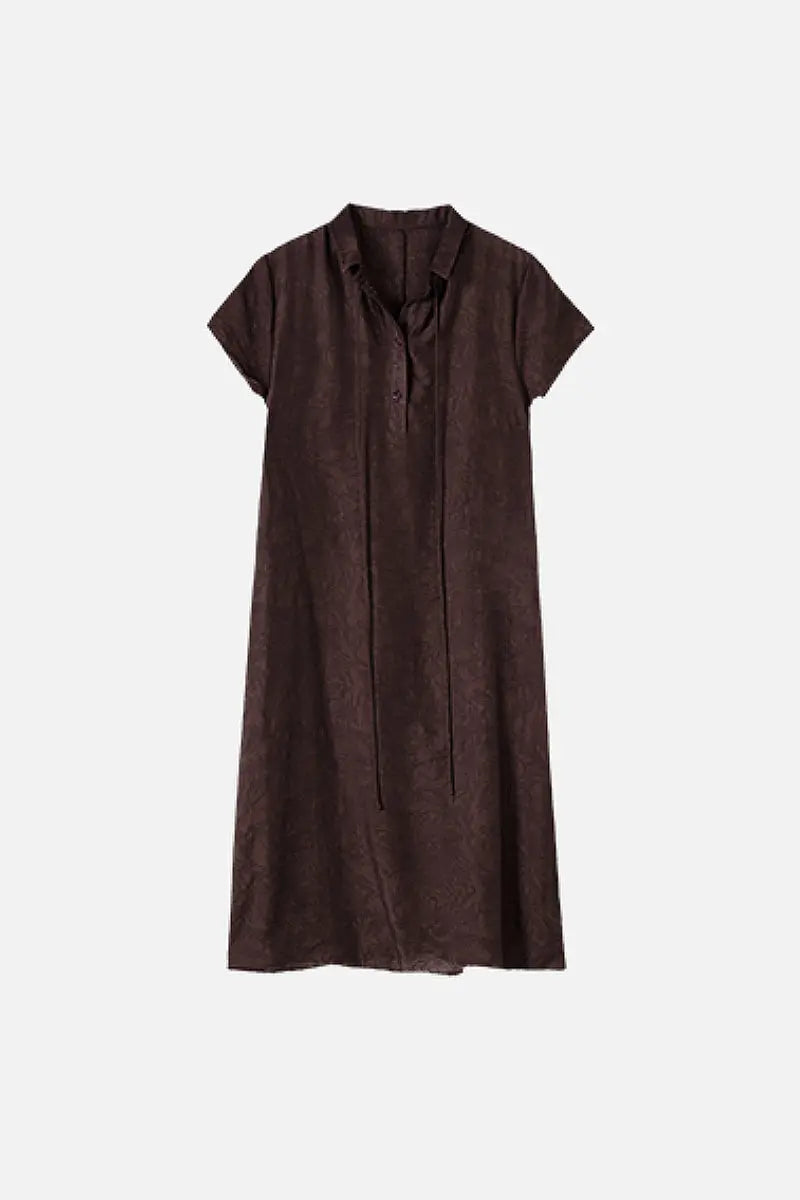 Linen-Blend Jacquard A-Line Shirt Dress in Brown