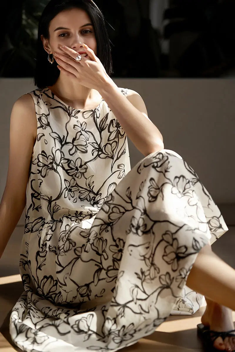 Linen Floral Sleeveless Midi Dress