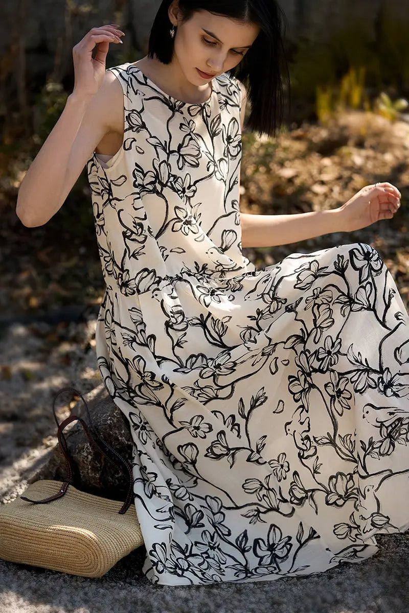 Linen Floral Sleeveless Midi Dress