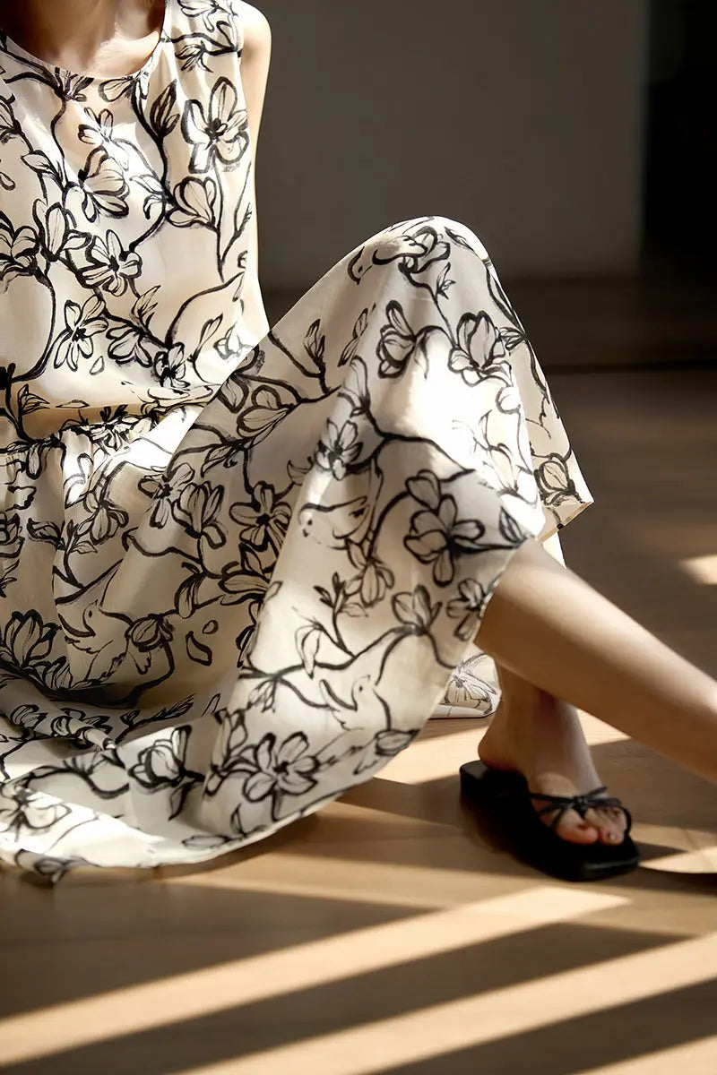 Linen Floral Sleeveless Midi Dress