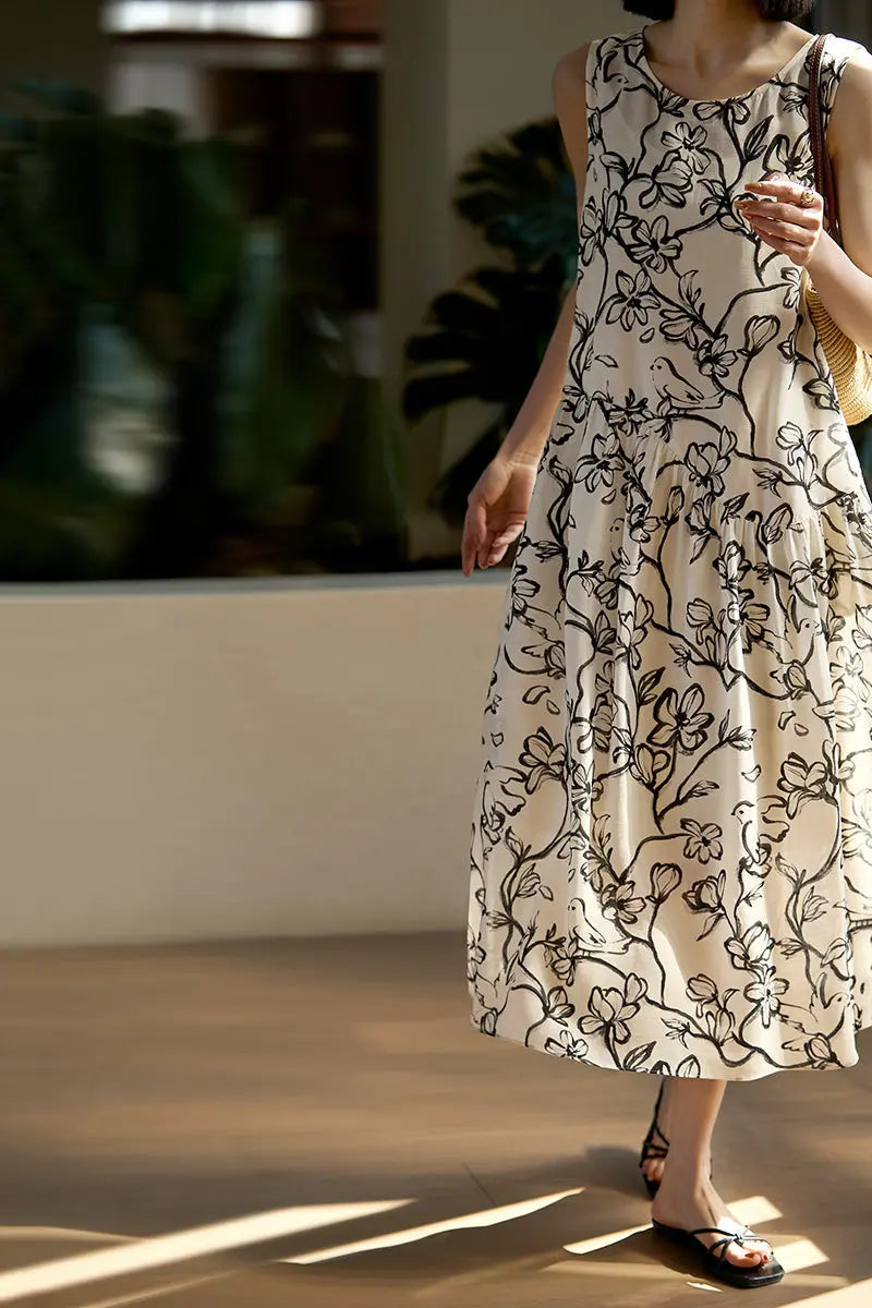 Linen Floral Sleeveless Midi Dress