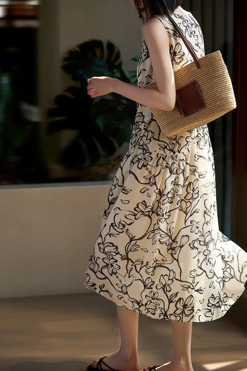 Linen Floral Sleeveless Midi Dress