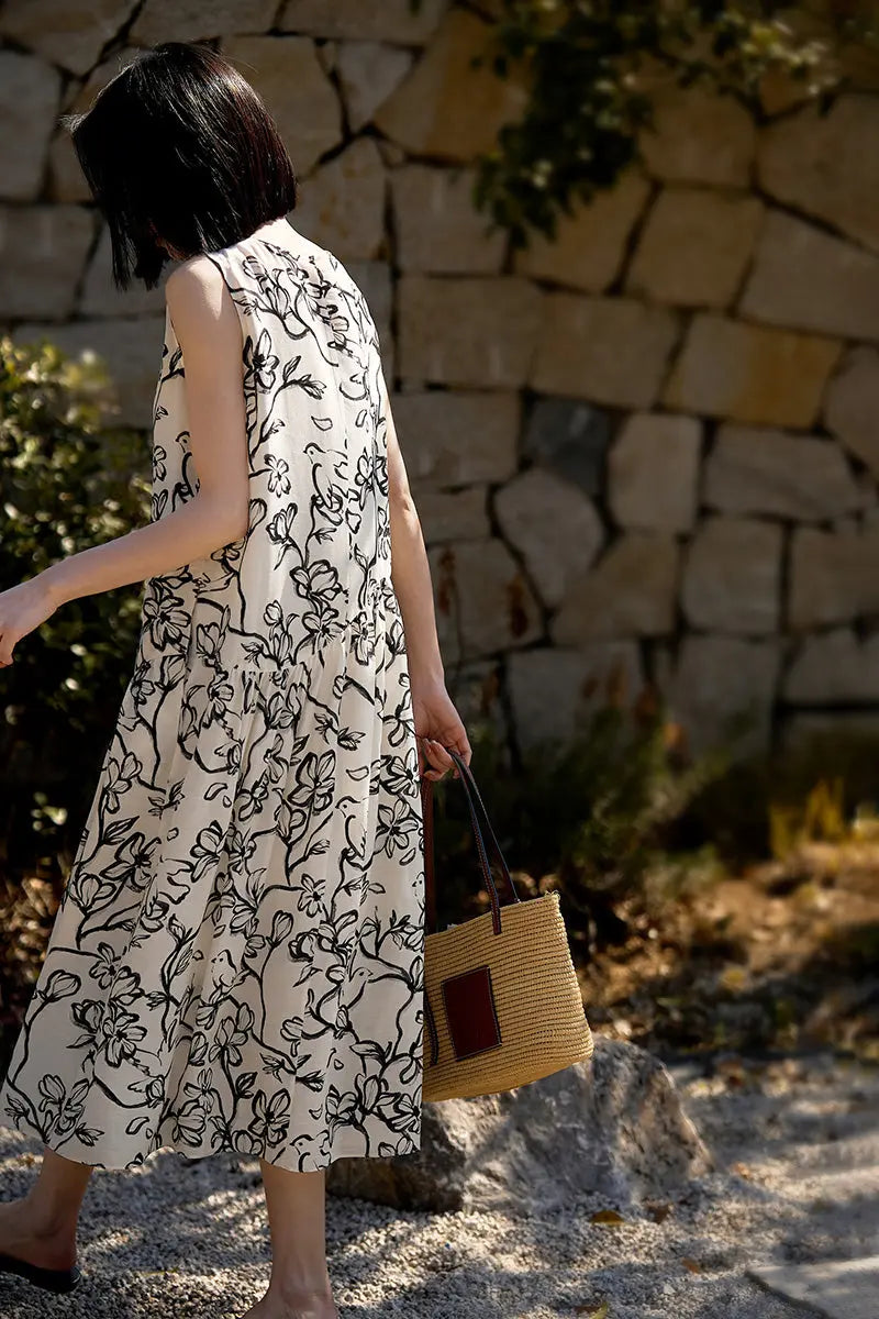 Linen Floral Sleeveless Midi Dress