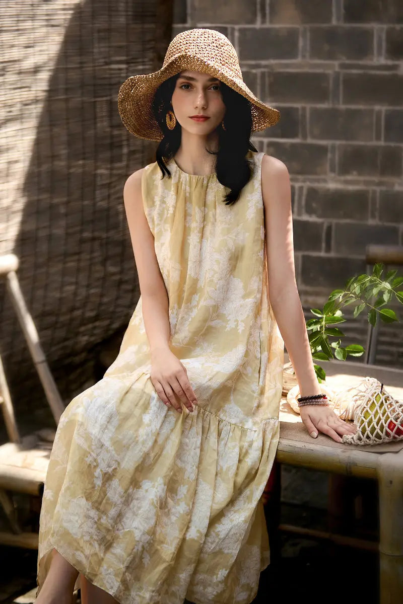 Ramie Floral Tiered Sleeveless Trapeze Midi Dress