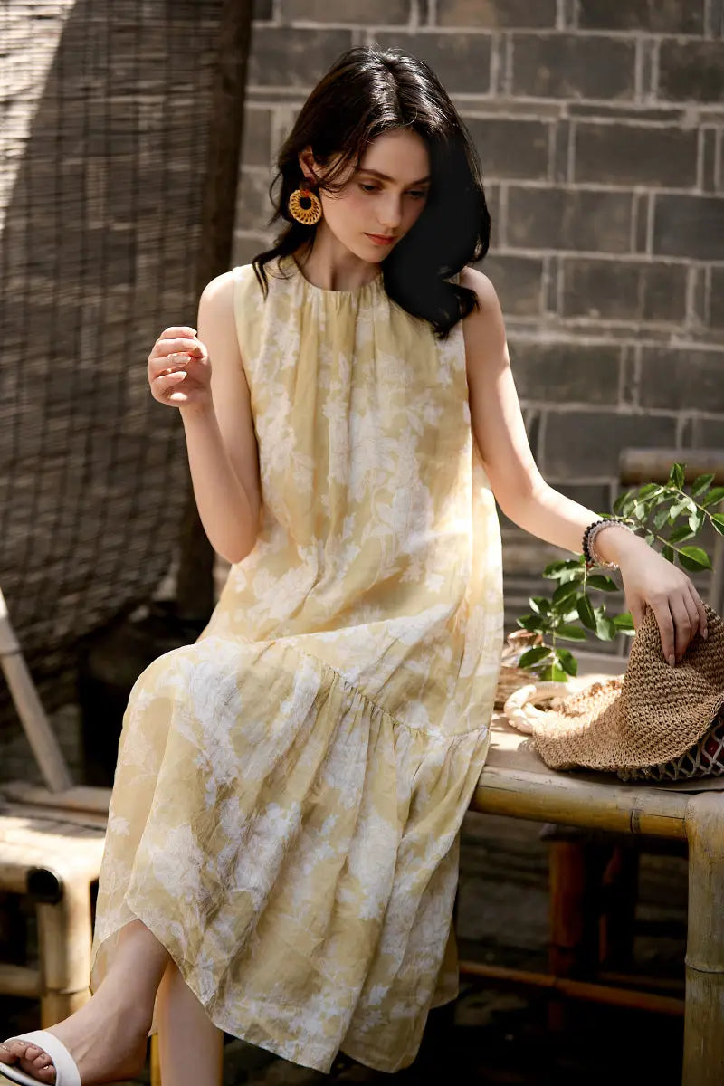 Ramie Floral Tiered Sleeveless Trapeze Midi Dress