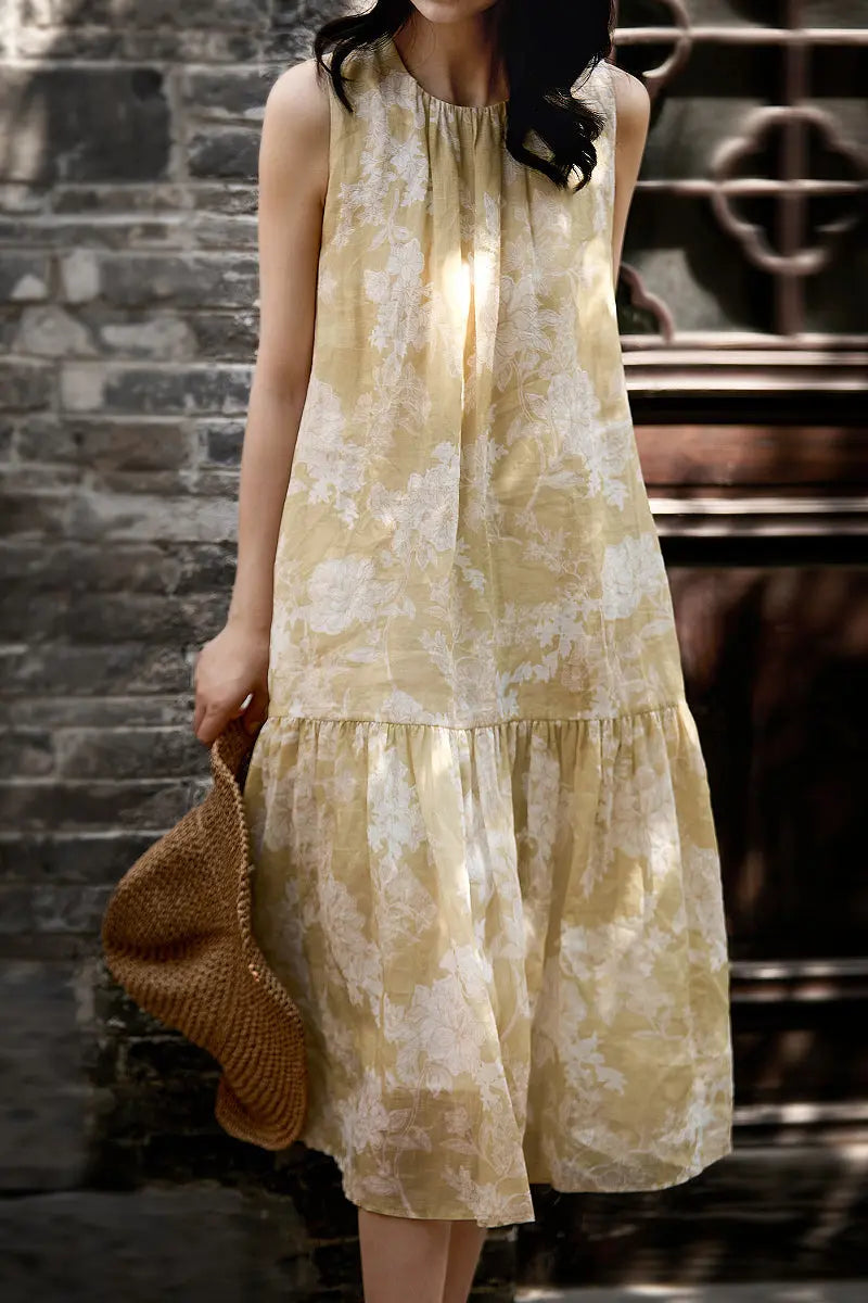 Ramie Floral Tiered Sleeveless Trapeze Midi Dress