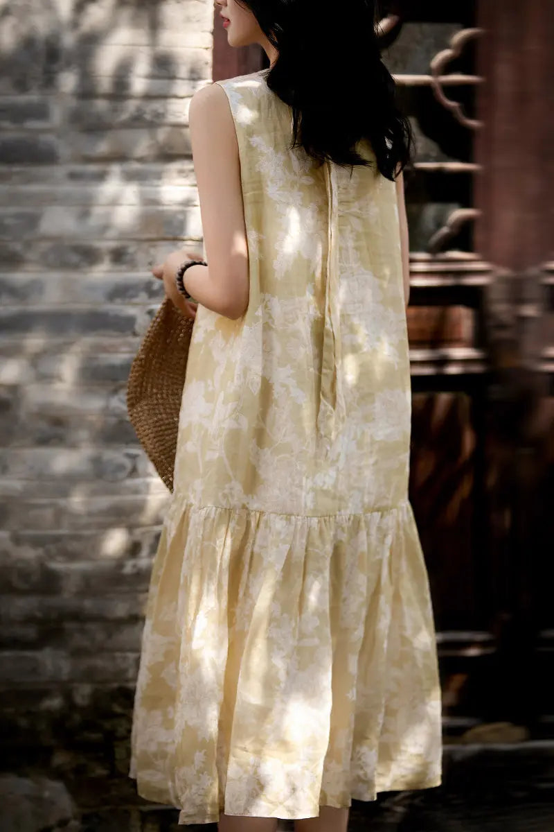 Ramie Floral Tiered Sleeveless Trapeze Midi Dress