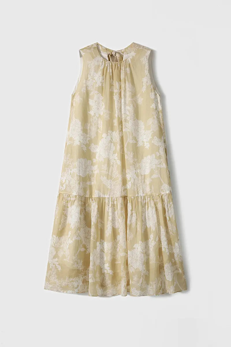 Ramie Floral Tiered Sleeveless Trapeze Midi Dress