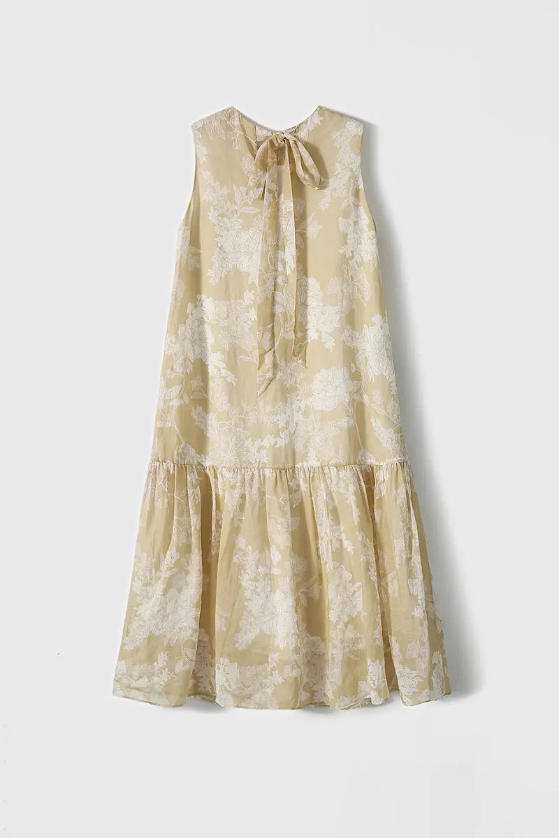 Ramie Floral Tiered Sleeveless Trapeze Midi Dress