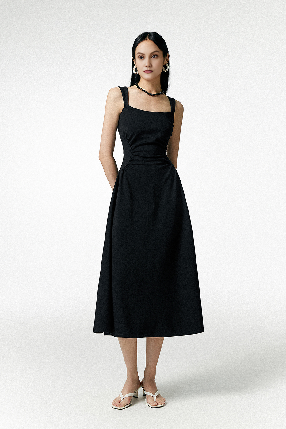 Square Neck Midi Dress with Pleated Waist