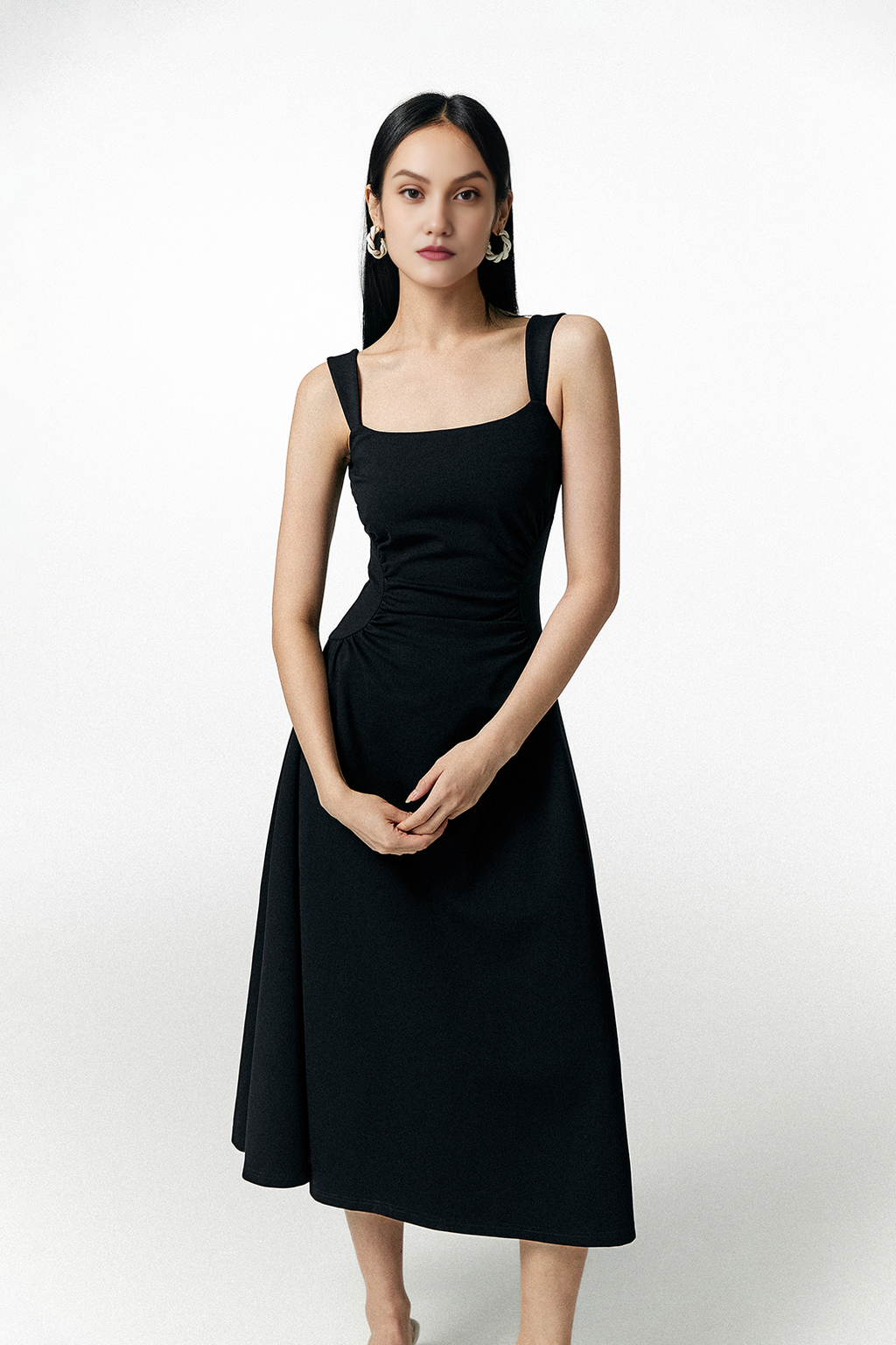 Square Neck Midi Dress with Pleated Waist