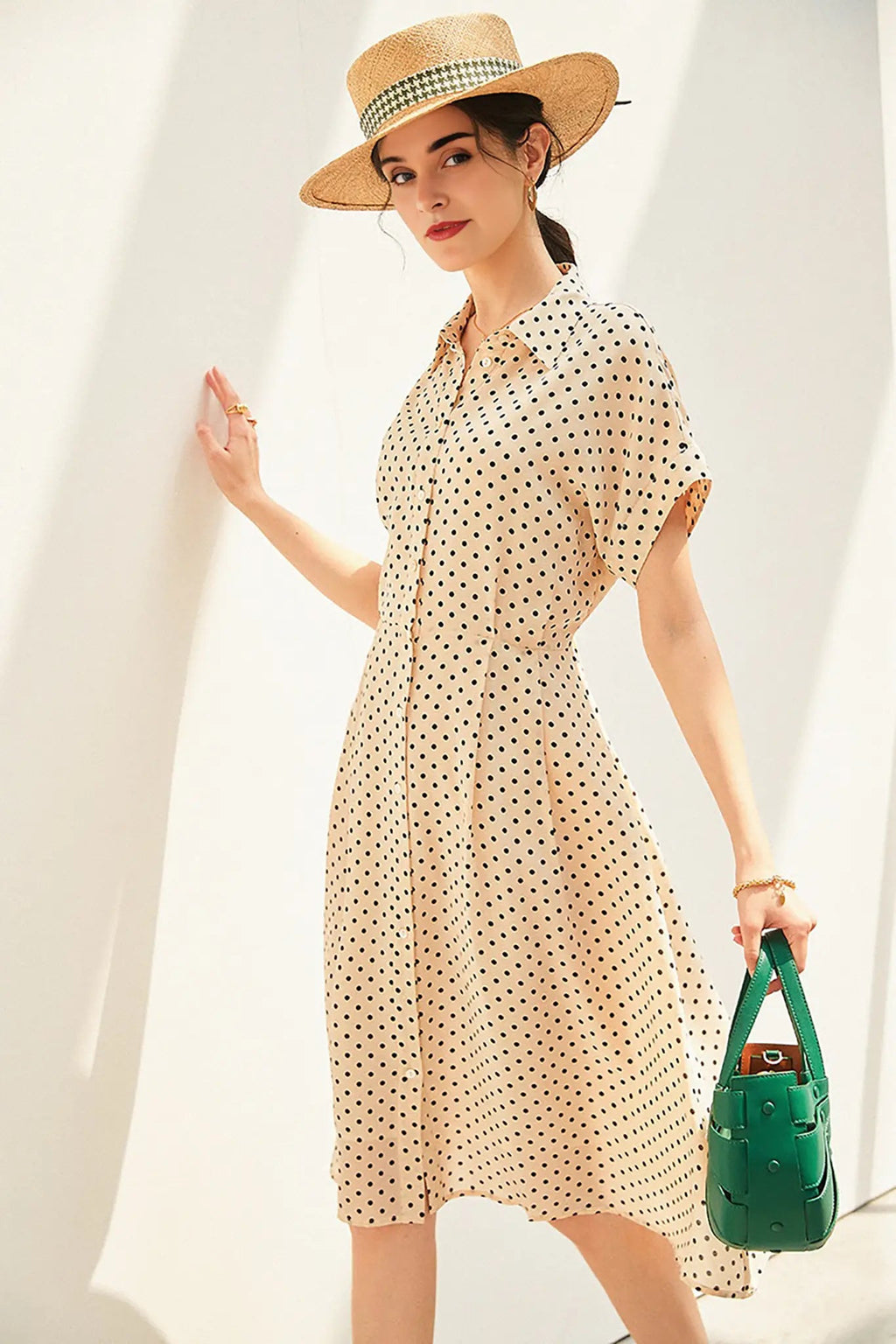 Women's Heavyweight Mulberry Silk Polka Dot Printed Silk Long Dress