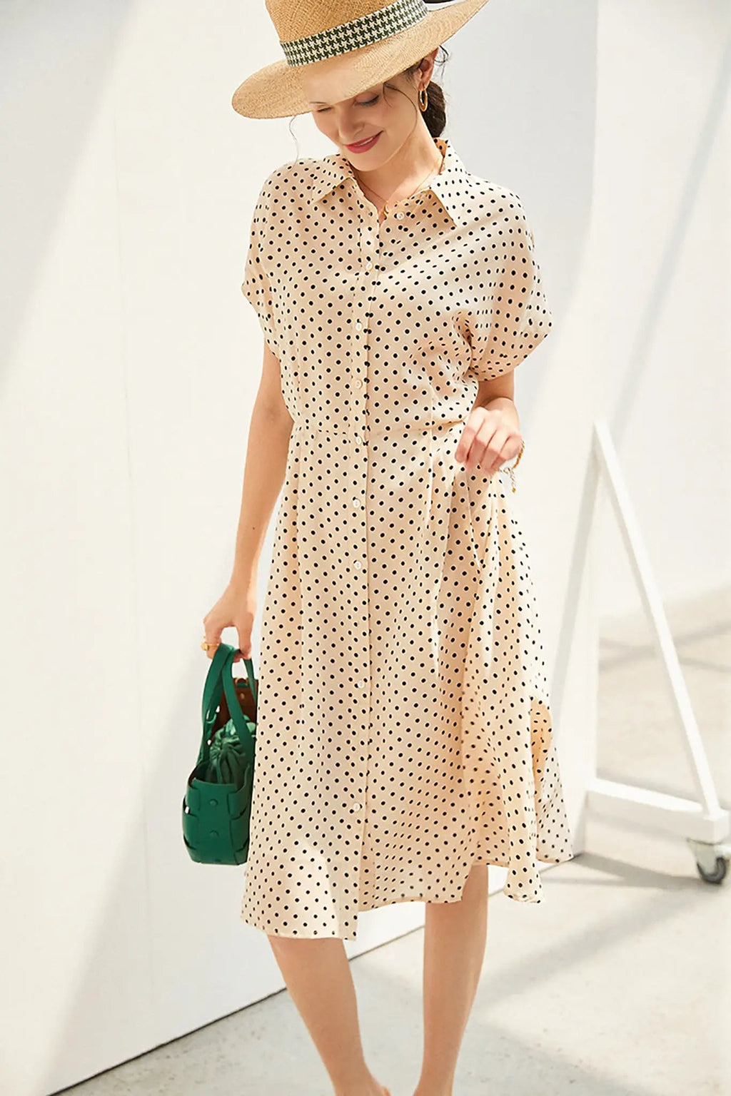Women's Heavyweight Mulberry Silk Polka Dot Printed Silk Long Dress