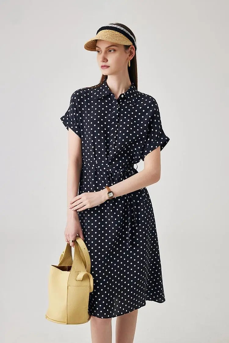 Women's Heavyweight Mulberry Silk Polka Dot Printed Silk Long Dress