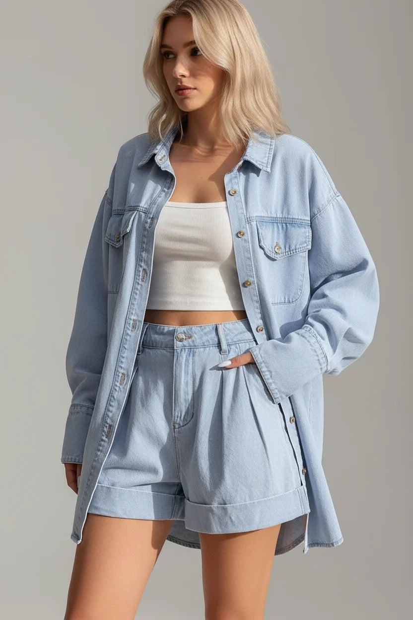 Button Up Long Sleeve Shirt and Shorts Denim Set