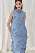 Designer Inspired Pleated Sleeveless Midi Dress in Blue