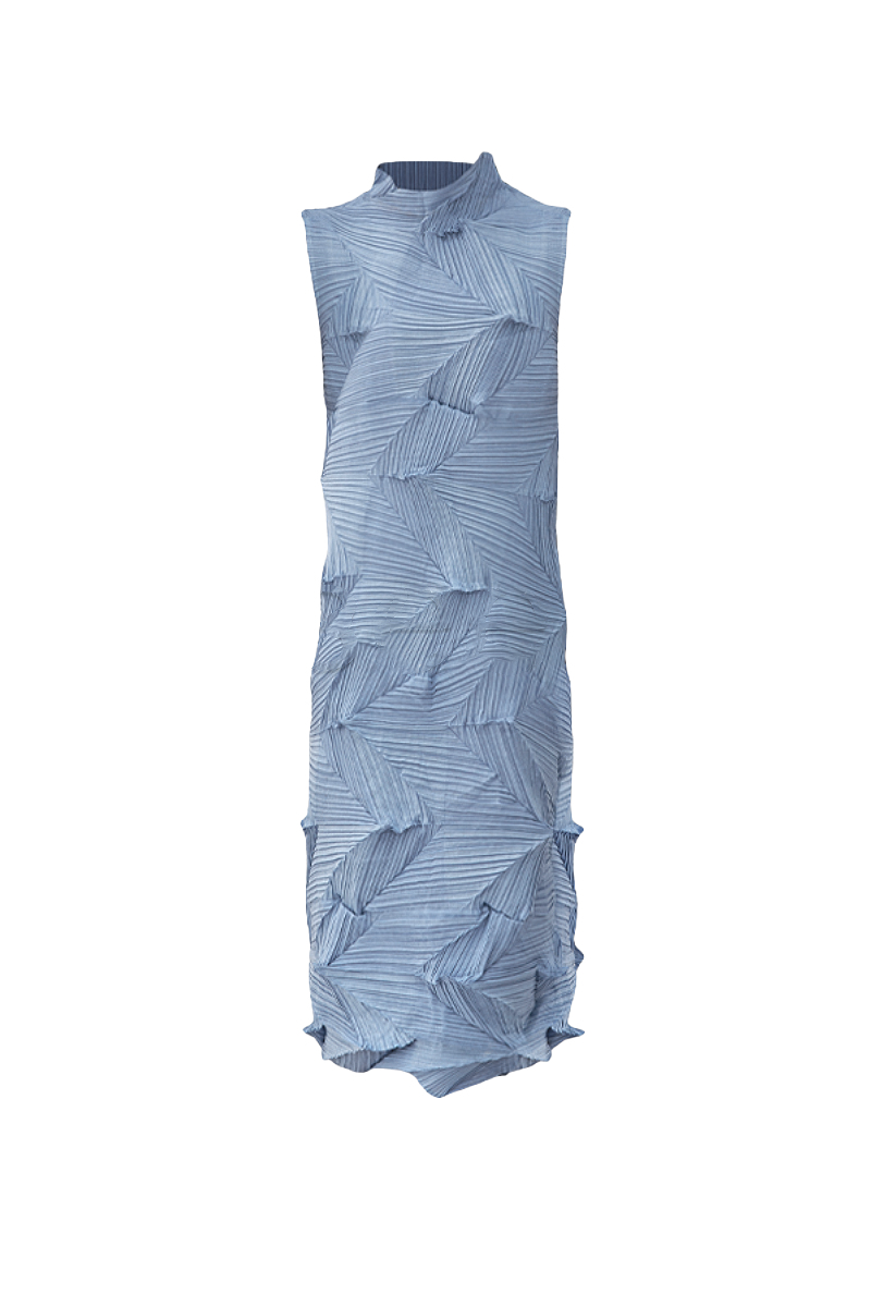Designer Inspired Pleated Sleeveless Midi Dress in Blue