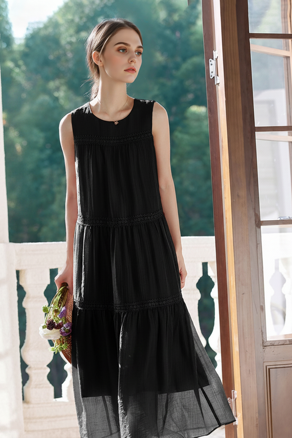 Blue Tiered Sleeveless Tank Midi Dress with Embroidered Detail