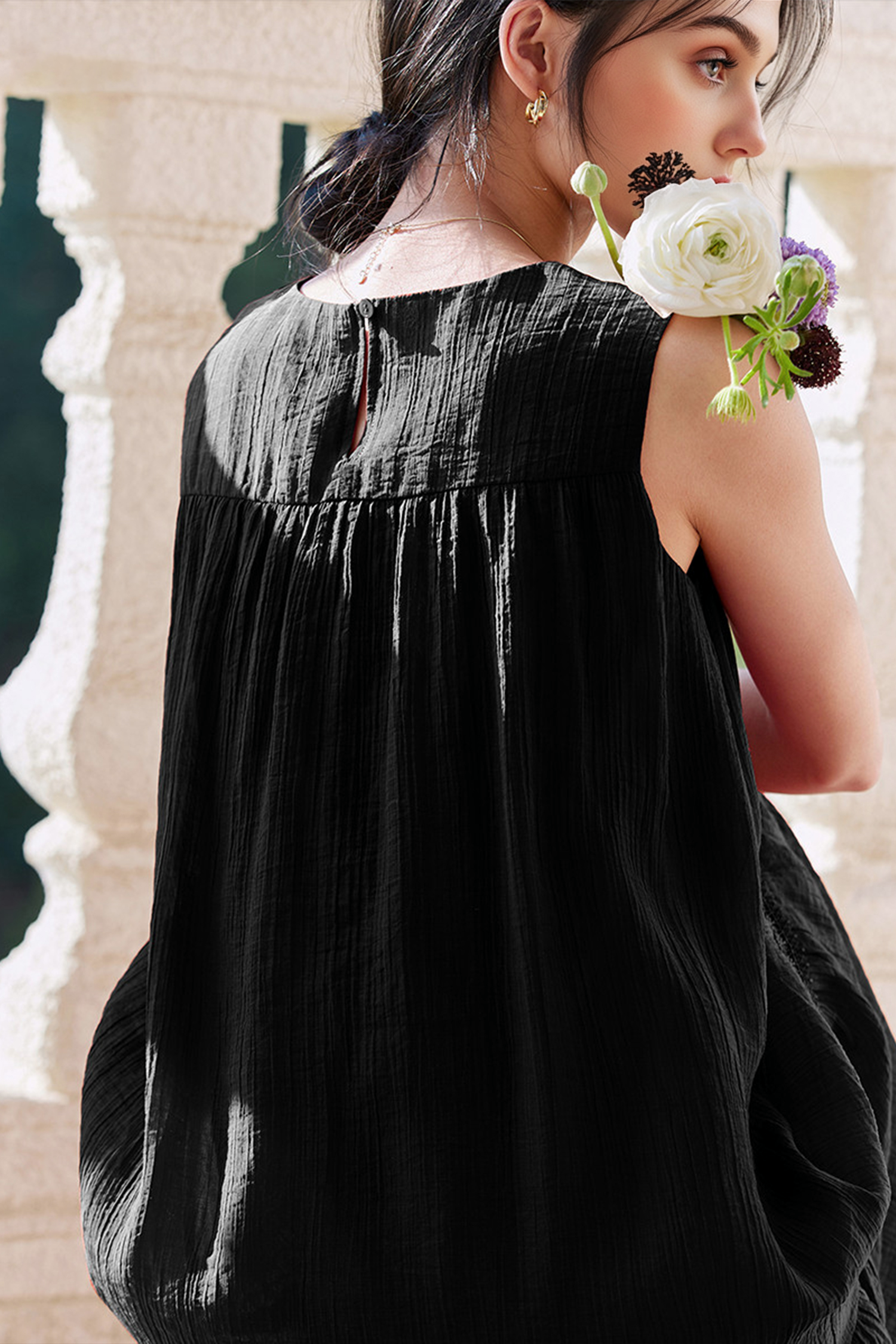 Blue Tiered Sleeveless Tank Midi Dress with Embroidered Detail