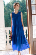 Blue Tiered Sleeveless Tank Midi Dress with Embroidered Detail