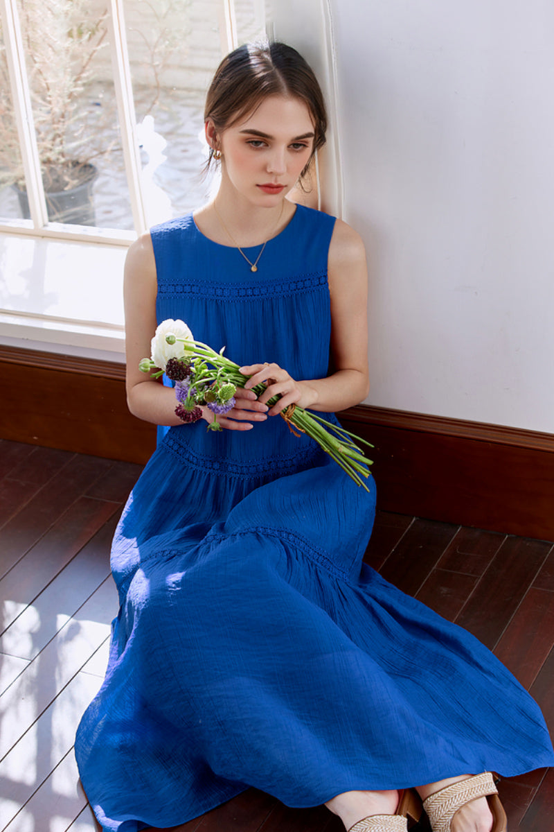 Blue Tiered Sleeveless Tank Midi Dress with Embroidered Detail
