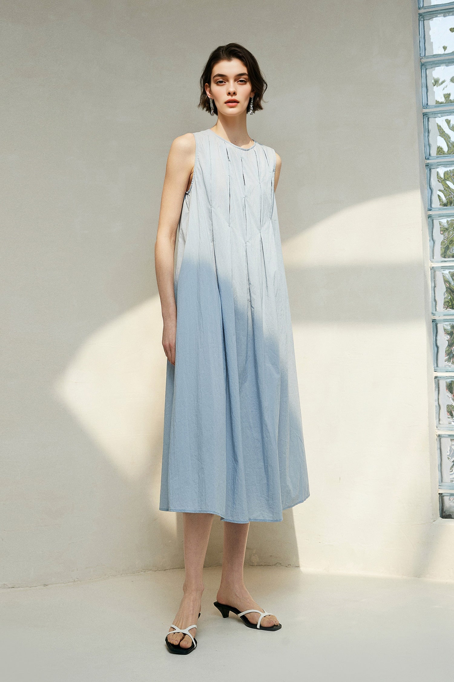 Causal Summer Pleat Textured Light Pink Midi Tank Dress