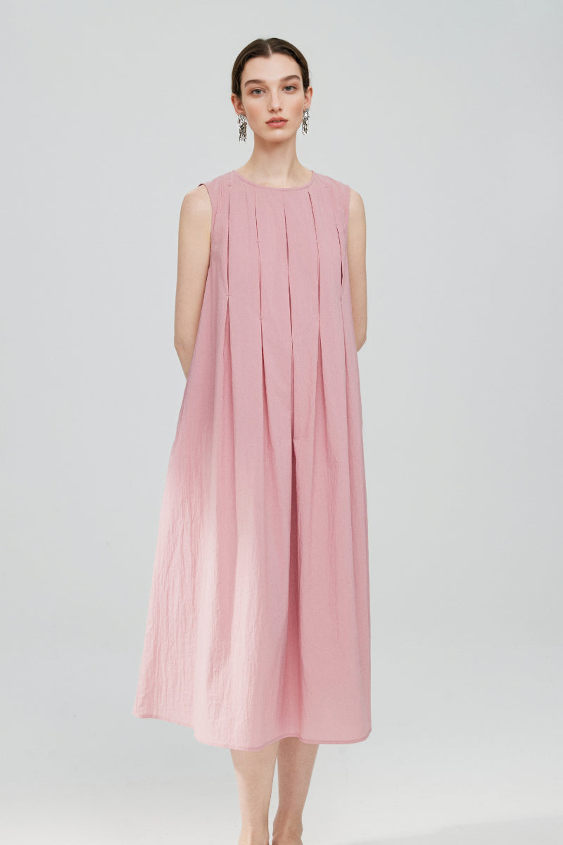 Causal Summer Pleat Textured Light Pink Midi Tank Dress