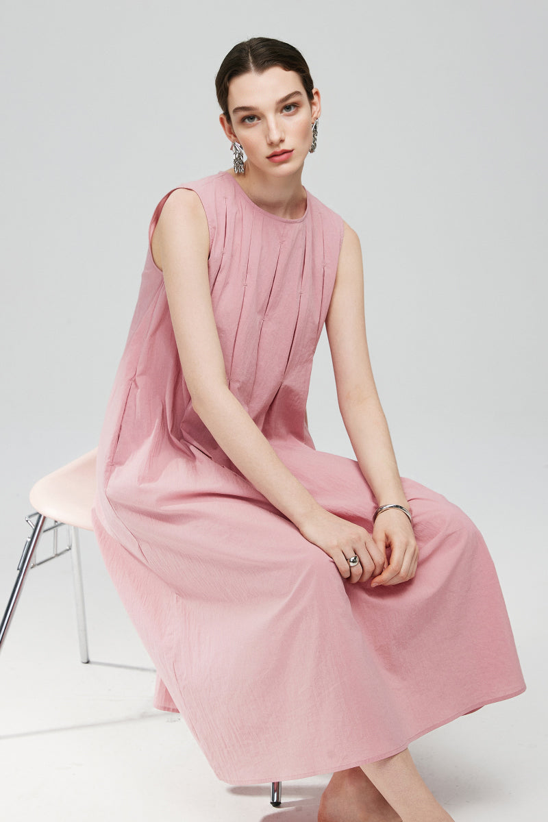 Causal Summer Pleat Textured Light Pink Midi Tank Dress