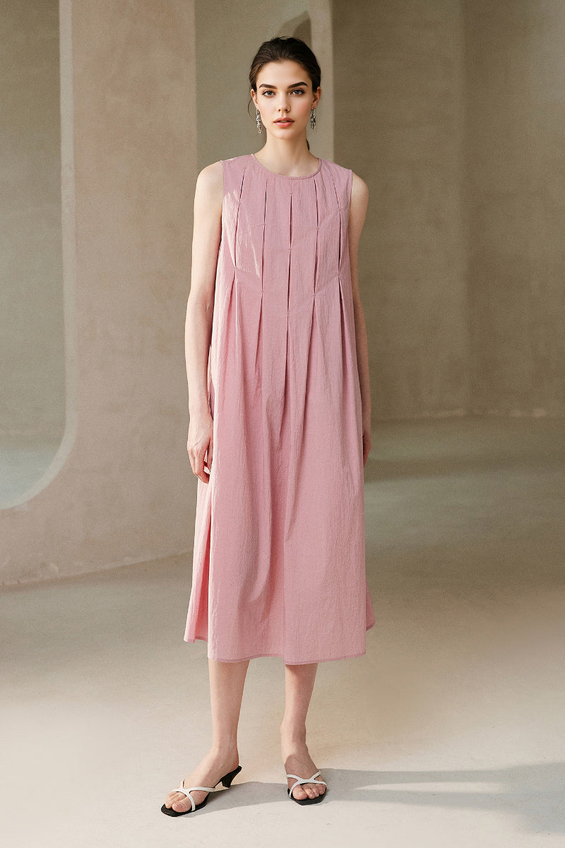 Causal Summer Pleat Textured Light Pink Midi Tank Dress