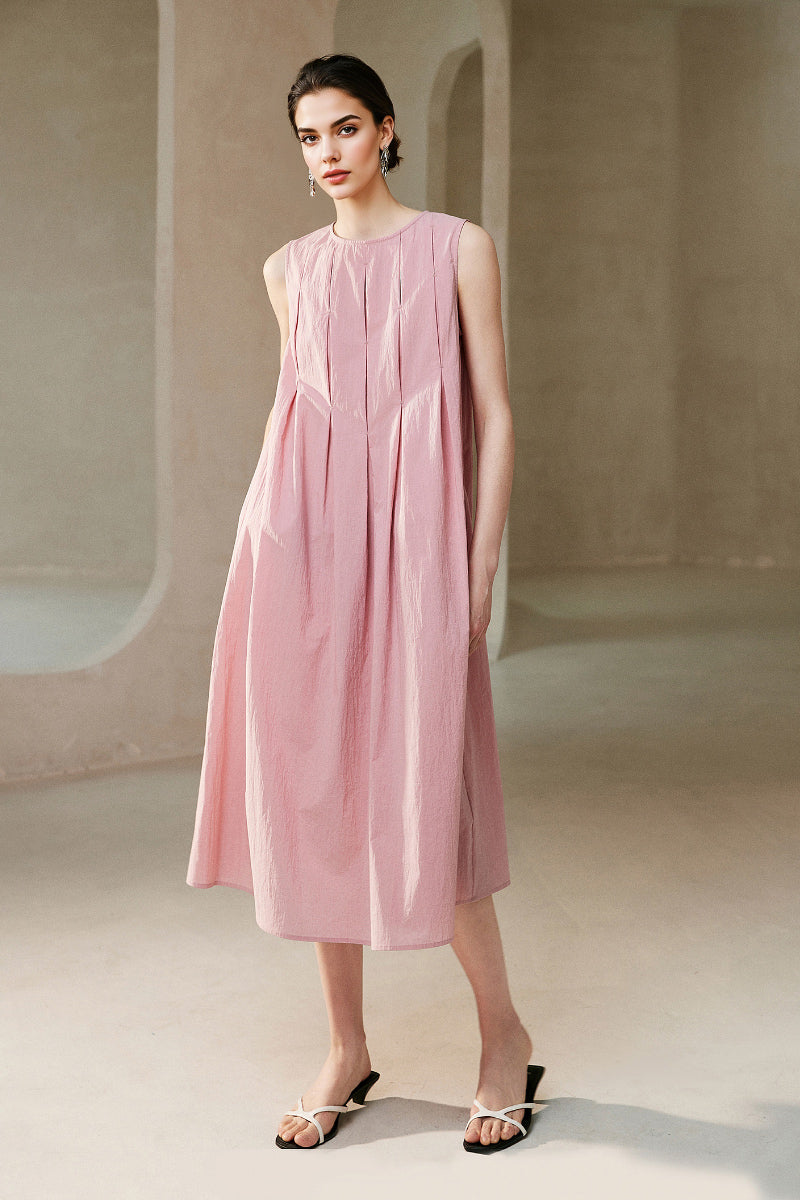 Causal Summer Pleat Textured Light Pink Midi Tank Dress