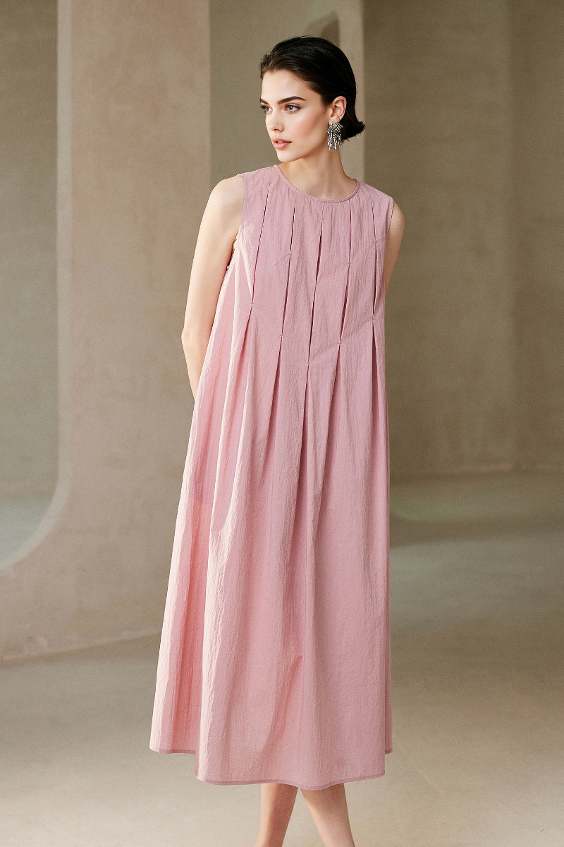 Causal Summer Pleat Textured Light Pink Midi Tank Dress