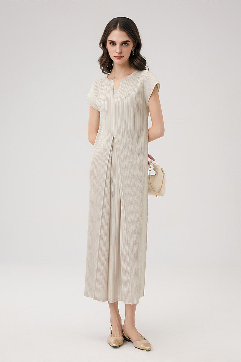 Designer Inspired Pleated Cap-Sleeve Midi Dress
