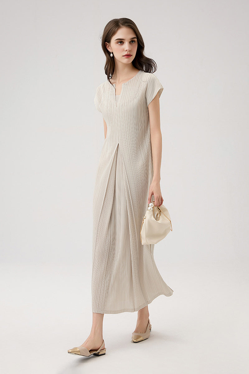 Designer Inspired Pleated Cap-Sleeve Midi Dress