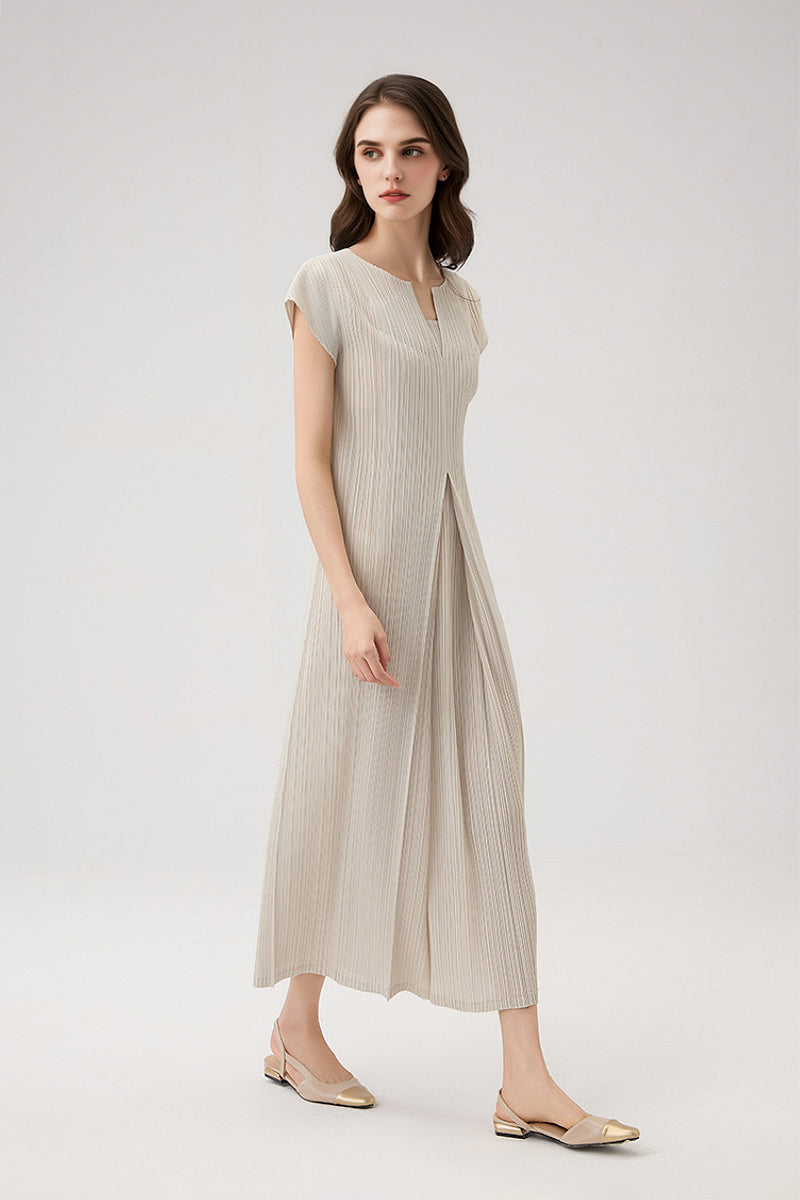 Designer Inspired Pleated Cap-Sleeve Midi Dress